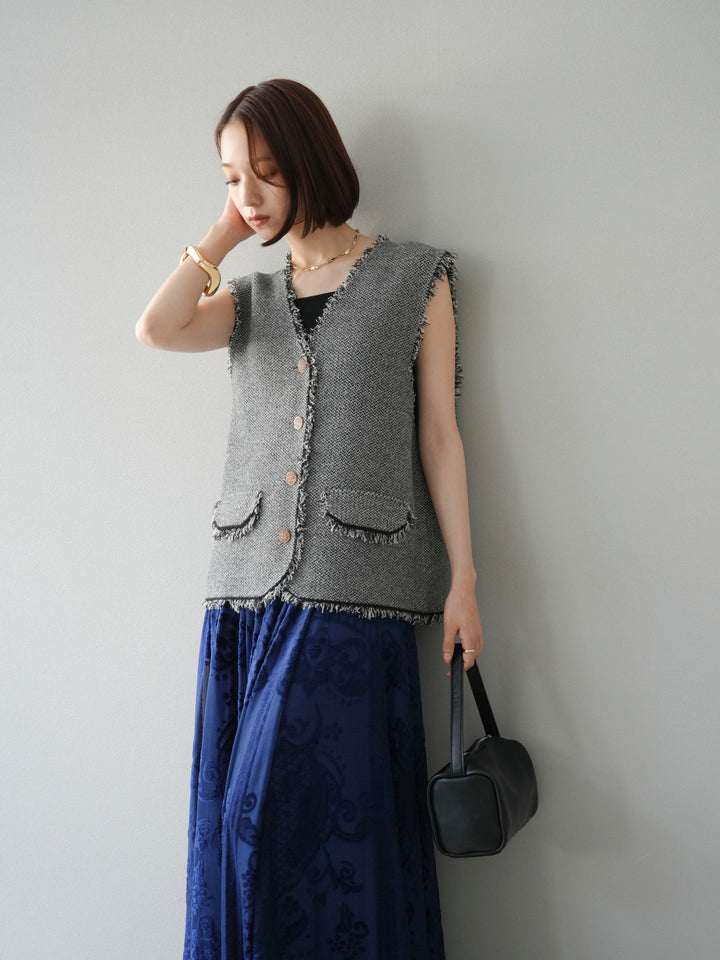 [予約]ツイードライクフリンジニットベスト/ブラック