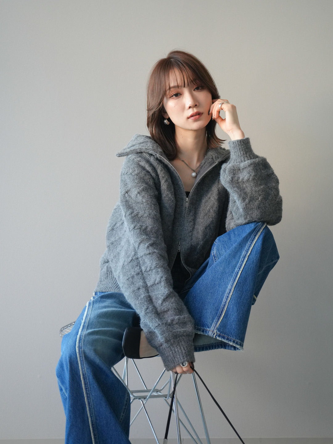 [SET]ケーブル編みハイネックZIPニットカーディガン+ケーブル編みハイネックZIPニットカーディガン(2set)