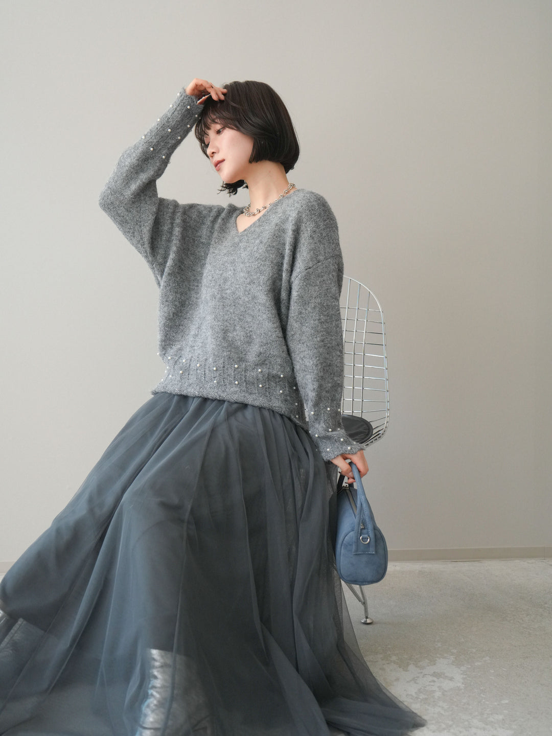 [SET]パールフリルリブヘムニットプルオーバー+チュールボリュームスカート(2set)