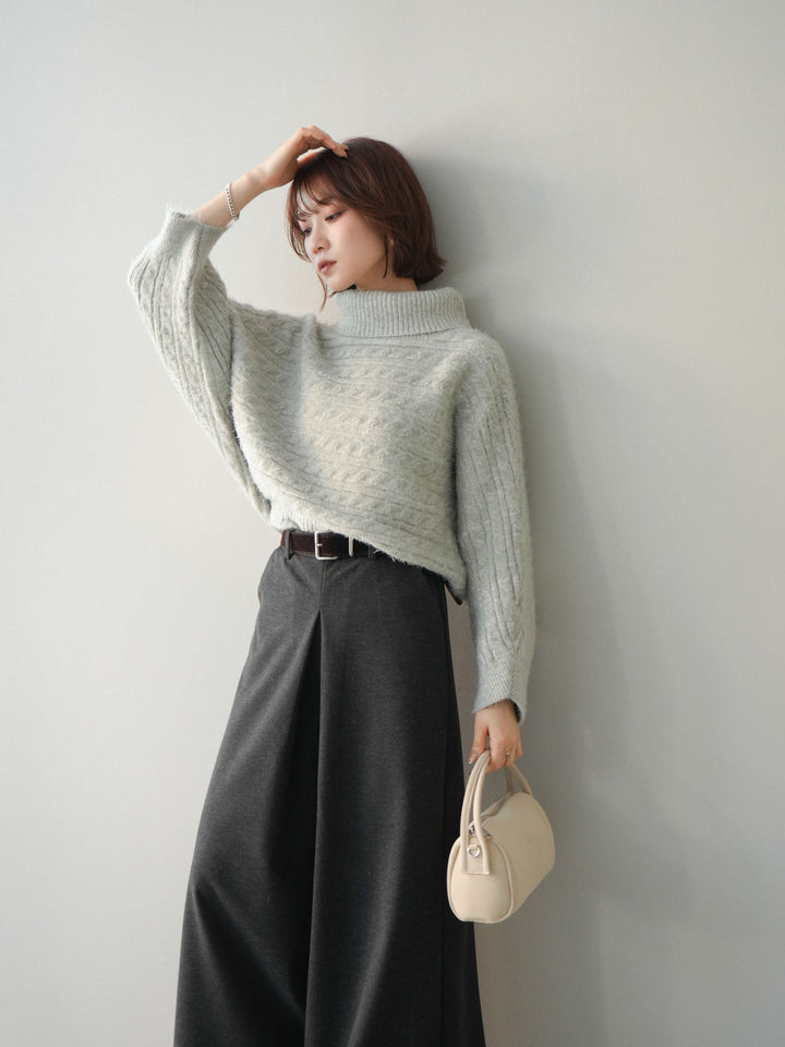 [予約]オフタートルケーブル編みニットプルオーバー/gray