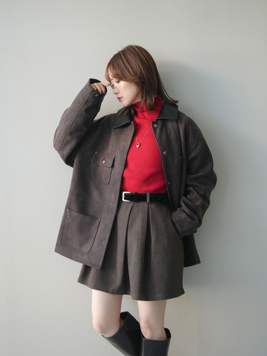 [SET]襟レザーステンカラースエードジャケット+襟レザーステンカラースエードジャケット(2set)