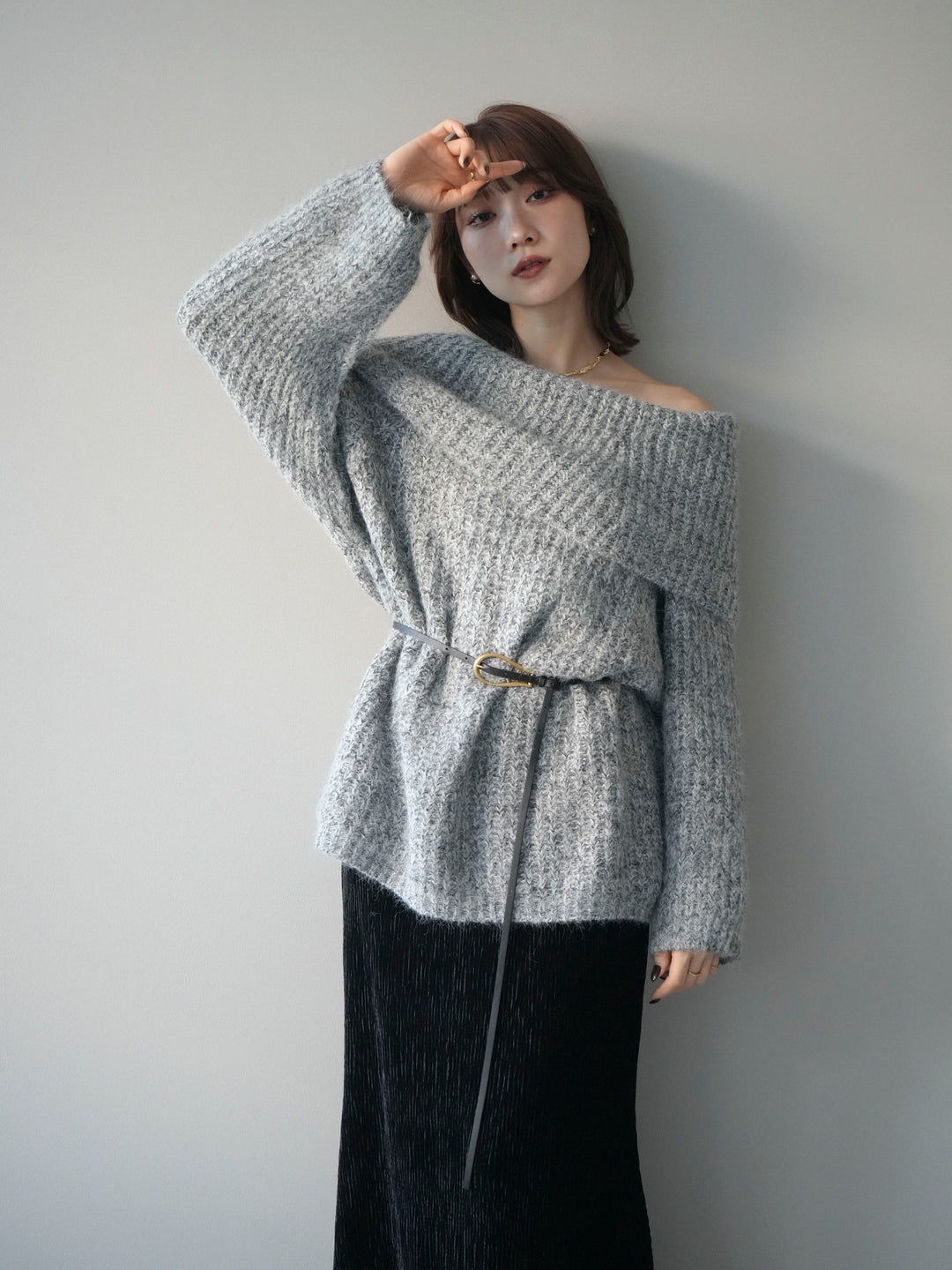 [予約]オフショルミックスニットプルオーバー/gray
