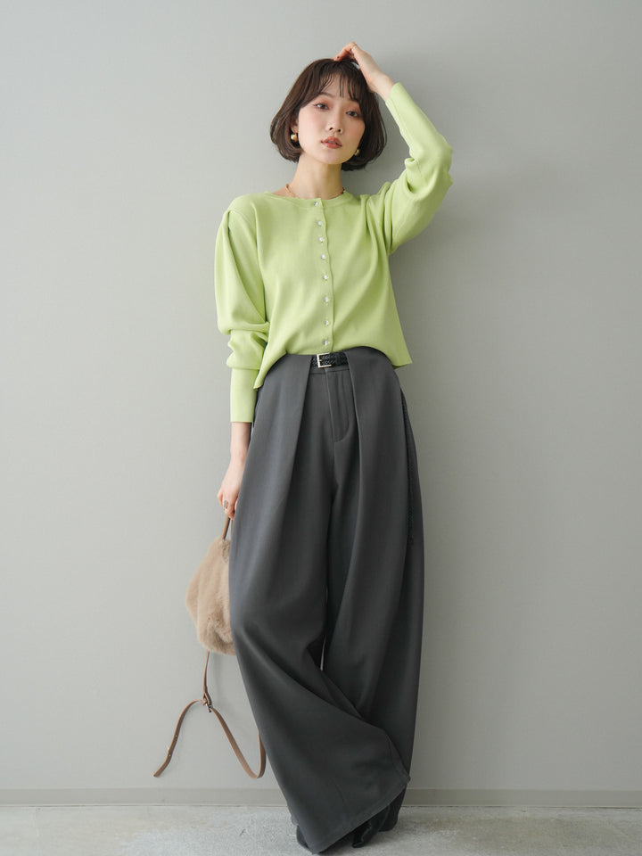 [SET]クリアボタンタックニットカーディガン+ベルトループデザインワイドパンツ(2set)