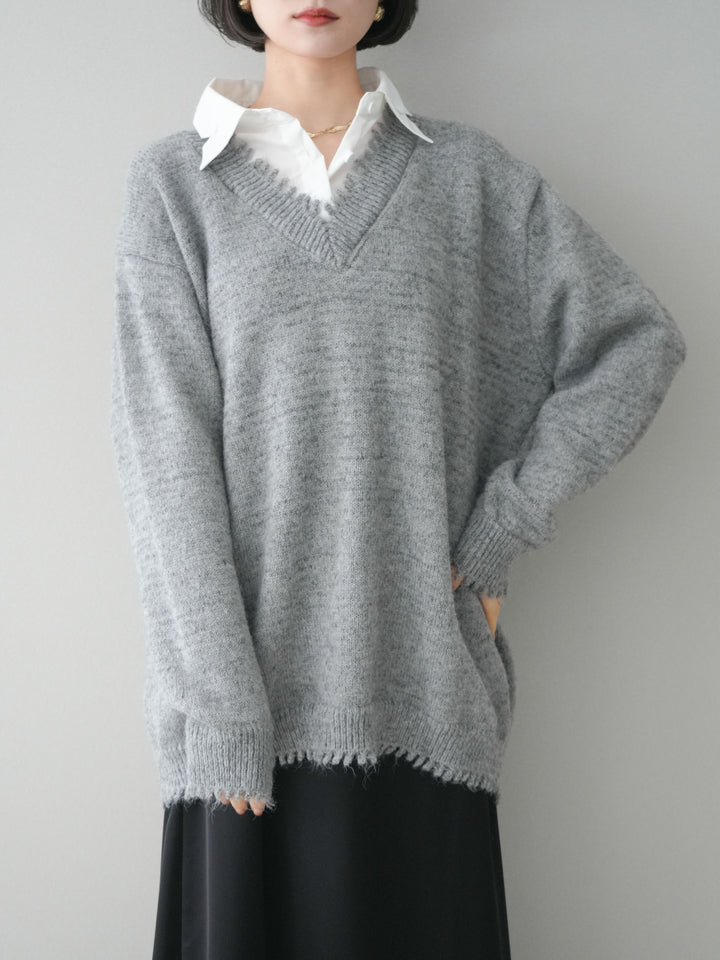 [予約]シャツドッキングVネックフリンジニットプルオーバー/gray