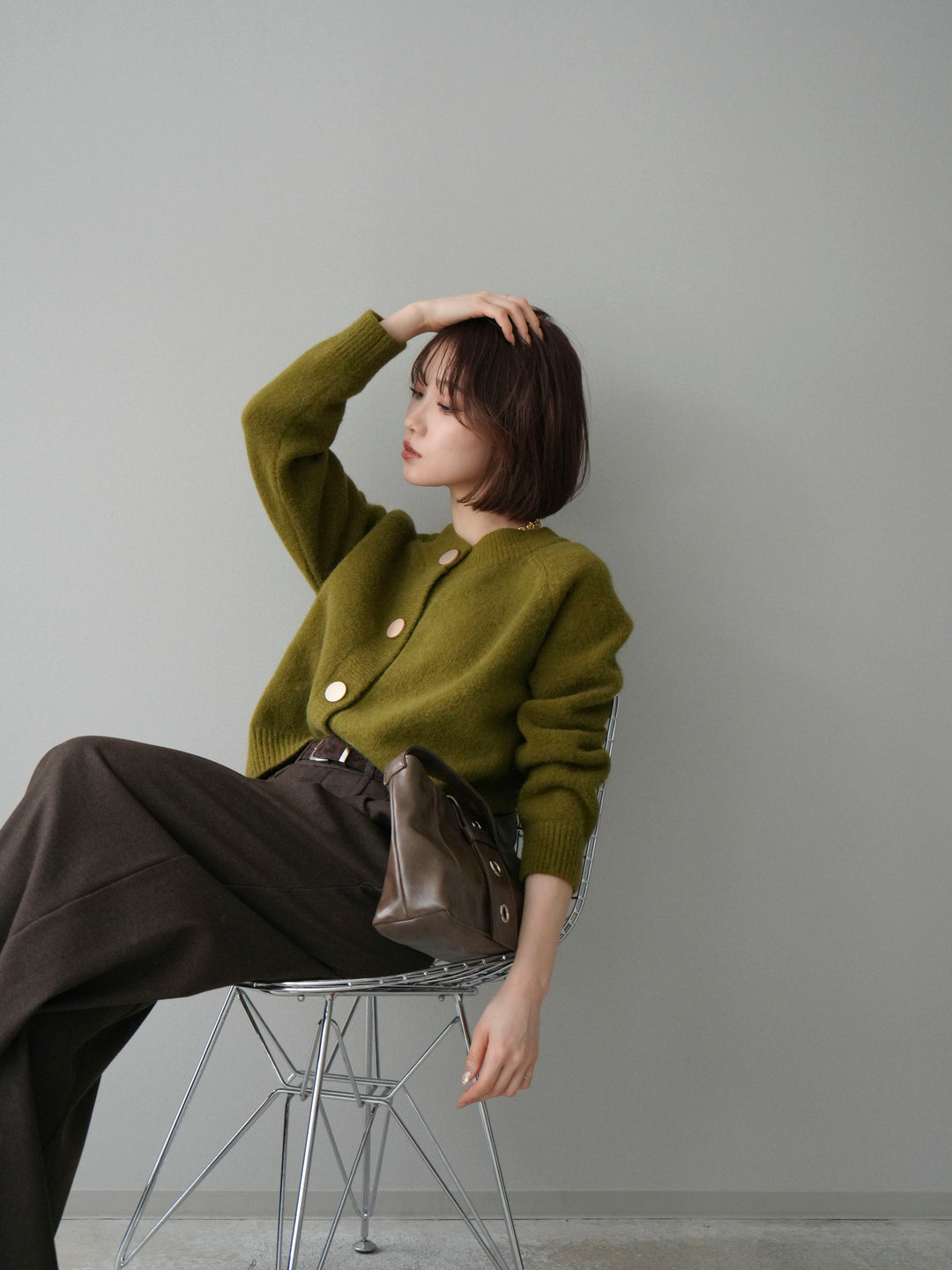 [SET]BIGボタンニットカーディガン+アニマル柄ベルト付きウールタッチワイドパンツ(2set)