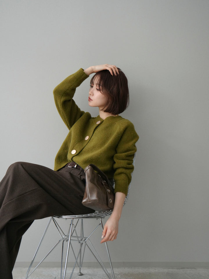 [SET]BIGボタンニットカーディガン+アニマル柄ベルト付きウールタッチワイドパンツ(2set)