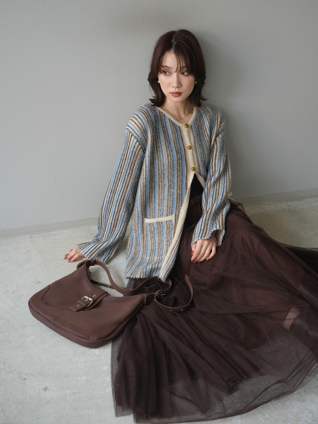 [予約]アンティークボタンストライプニットカーディガン/ivory