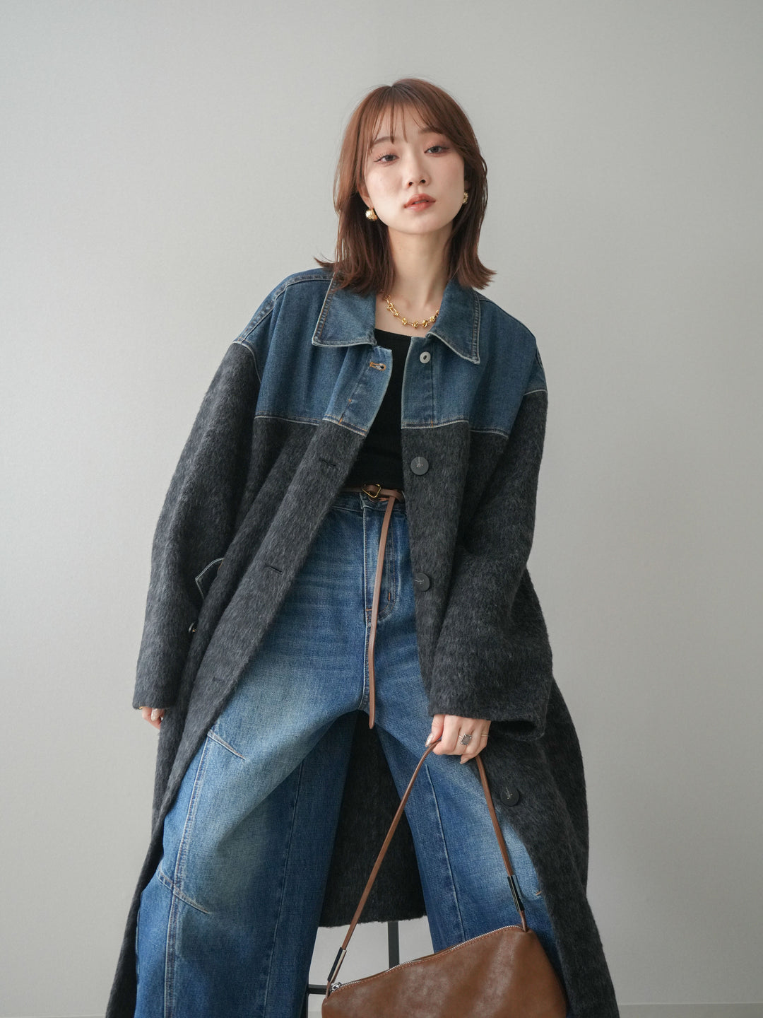 [SET]デニム切替シャギーステンカラーコート+選べるアクセセット(2set)