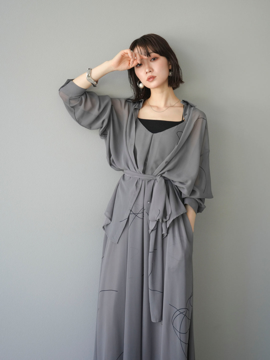 [SET]ペンタッチシフォンキャミワンピース+ペンタッチシフォンシャツ(2set)