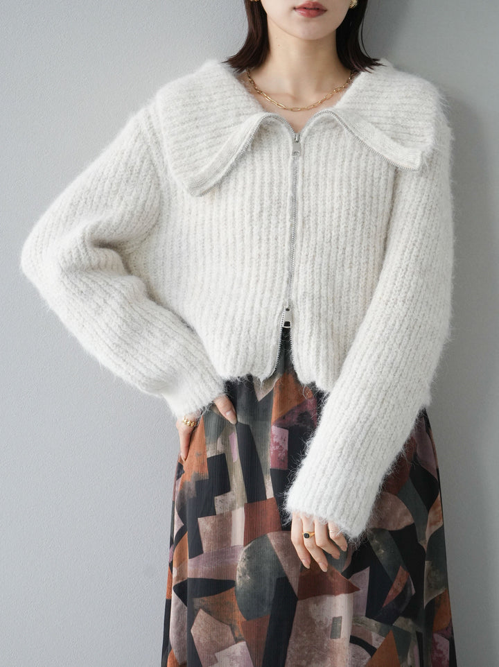 [予約]BIG襟ジップニットカーディガン/アイボリー