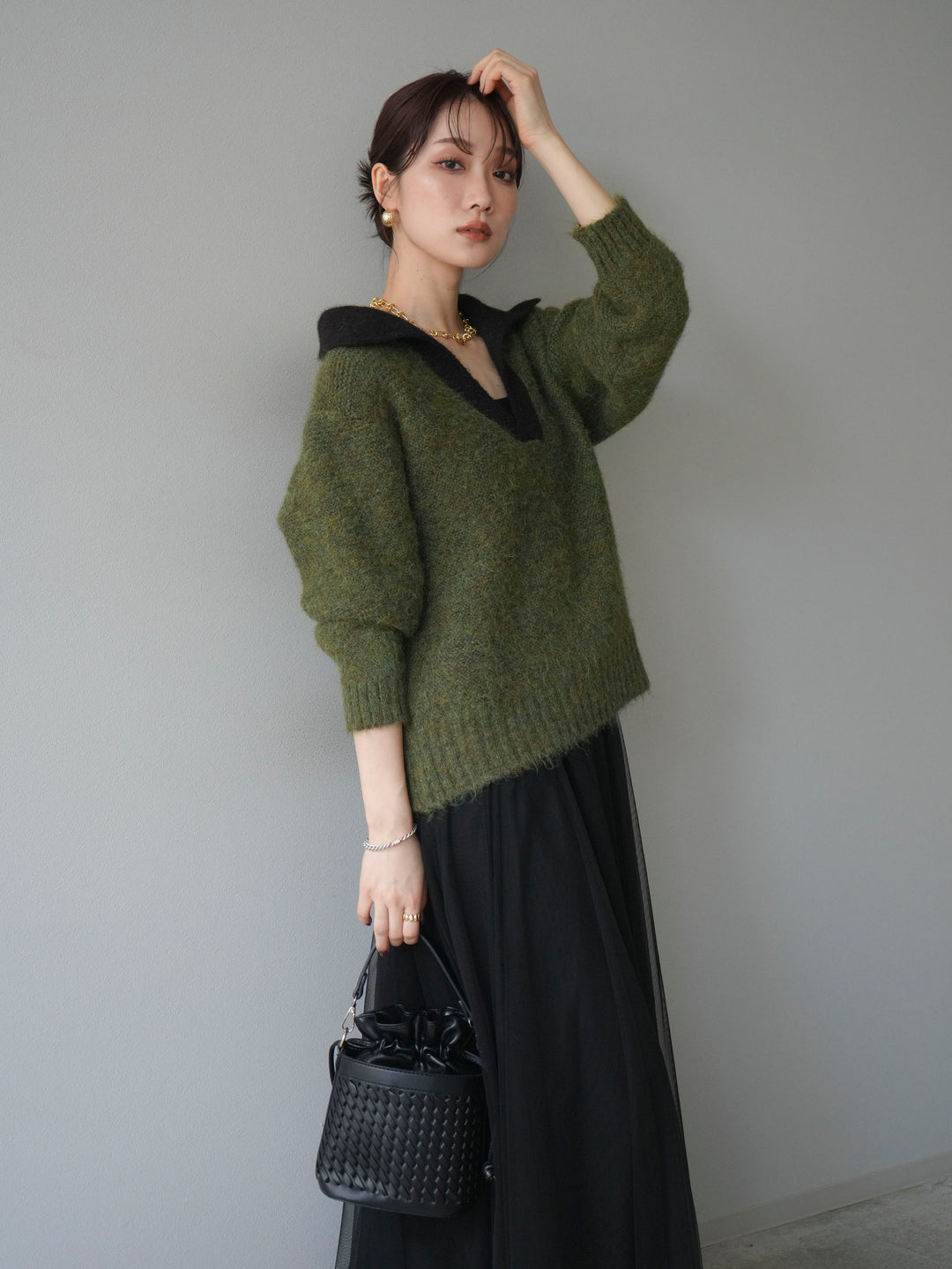 [予約]バイカラー襟付きニットプルオーバー/green