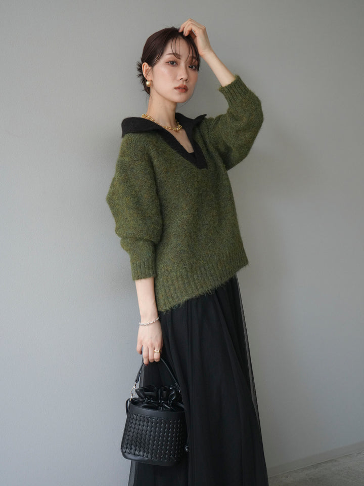 [予約]バイカラー襟付きニットプルオーバー/green