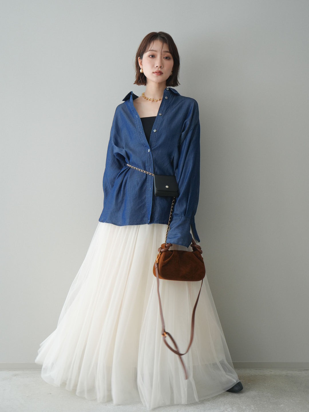[SET]テンセルデニムタックシャツ+チュールボリュームスカート(2set)