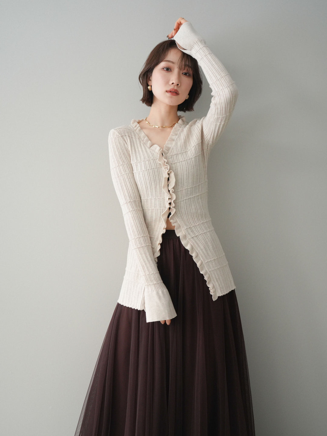 [予約]フロントフリルリブニットカーディガン/beige