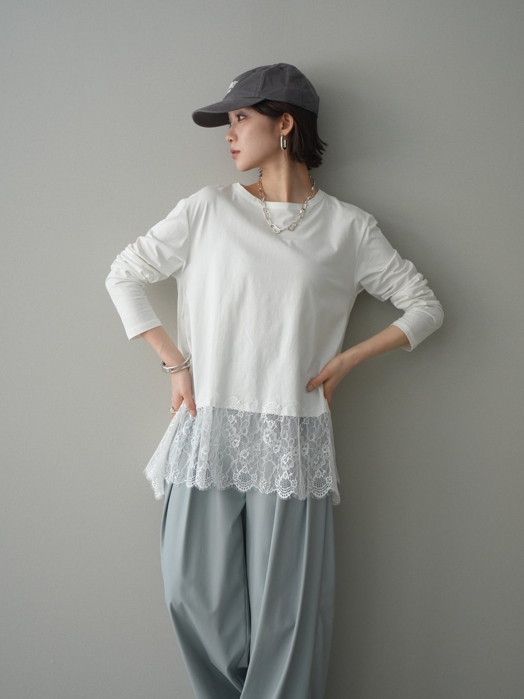 [SET]裾レースロングスリーブTシャツ+選べるアクセセット(2set)