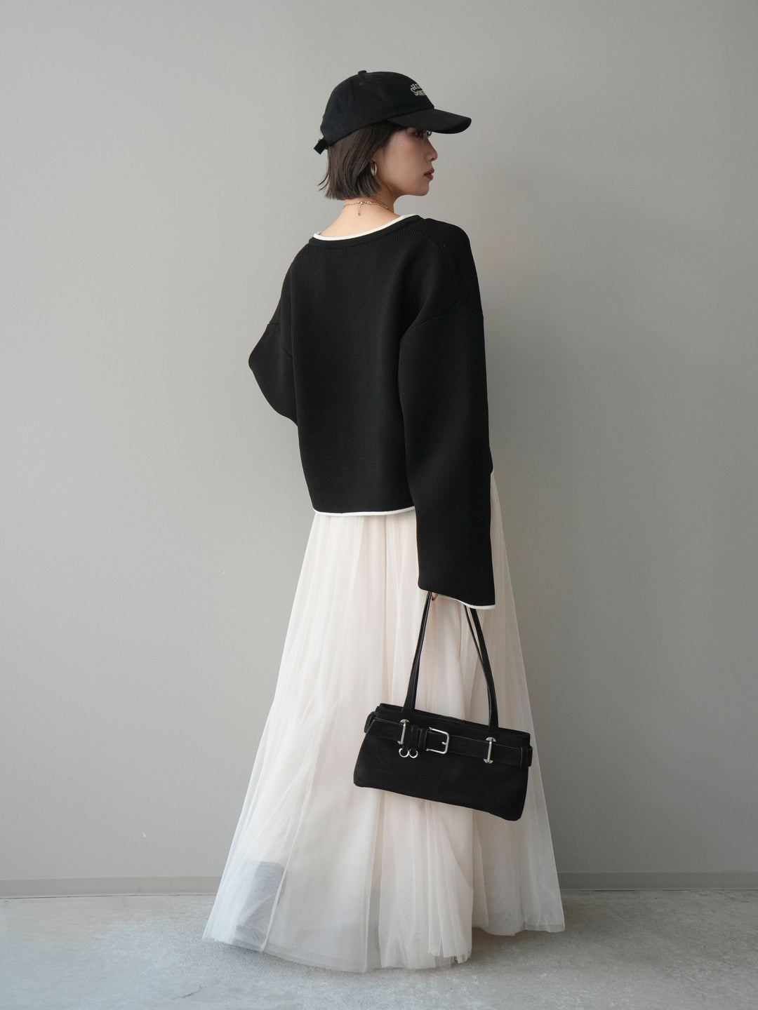 [SET]ポリエステル配色ニットカーディガン+チュールボリュームスカート(2set)