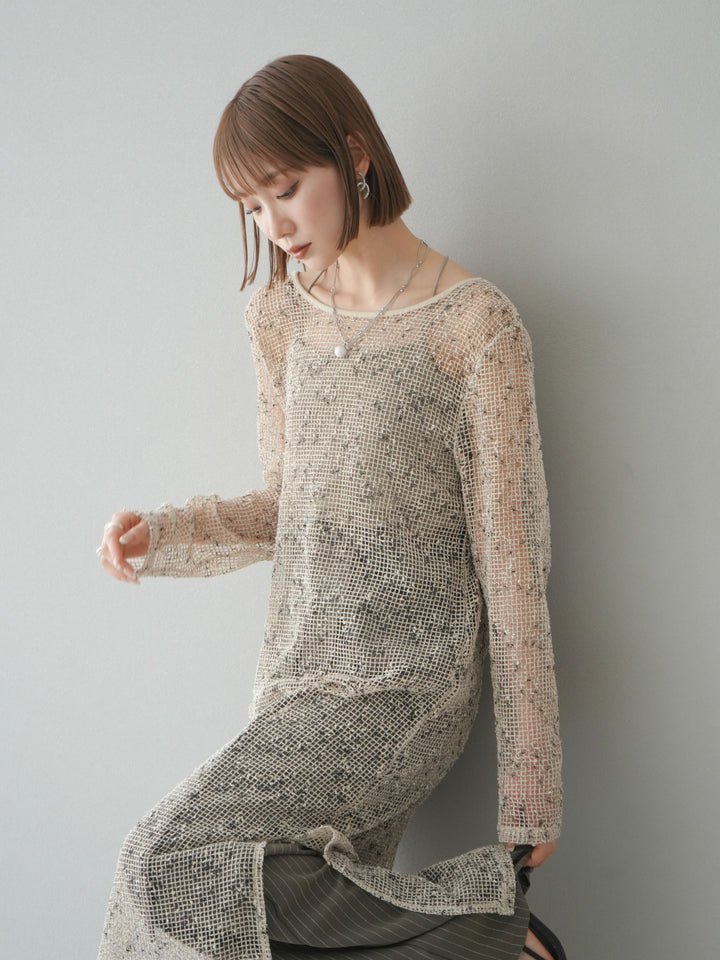 [預購] 鏤空網眼露背洋裝/象牙白