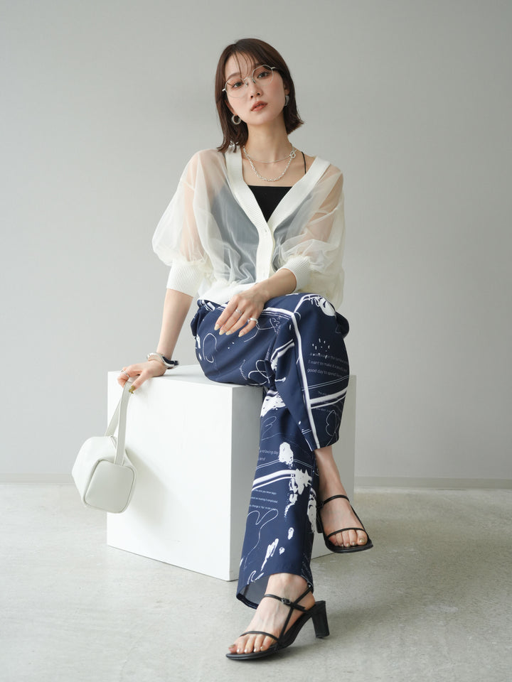 [SET] 透視半袖褶皺開襟衫 + 彩繪圖案褶襉褲 (2set)