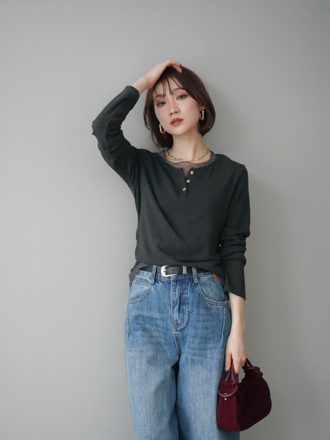 [予約]チュールレイヤードヘンリーネックカットソー/charcoal