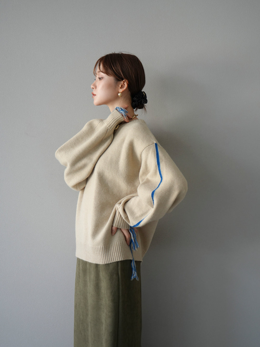 [予約]配色ステッチフリンジニットプルオーバー /アイボリー