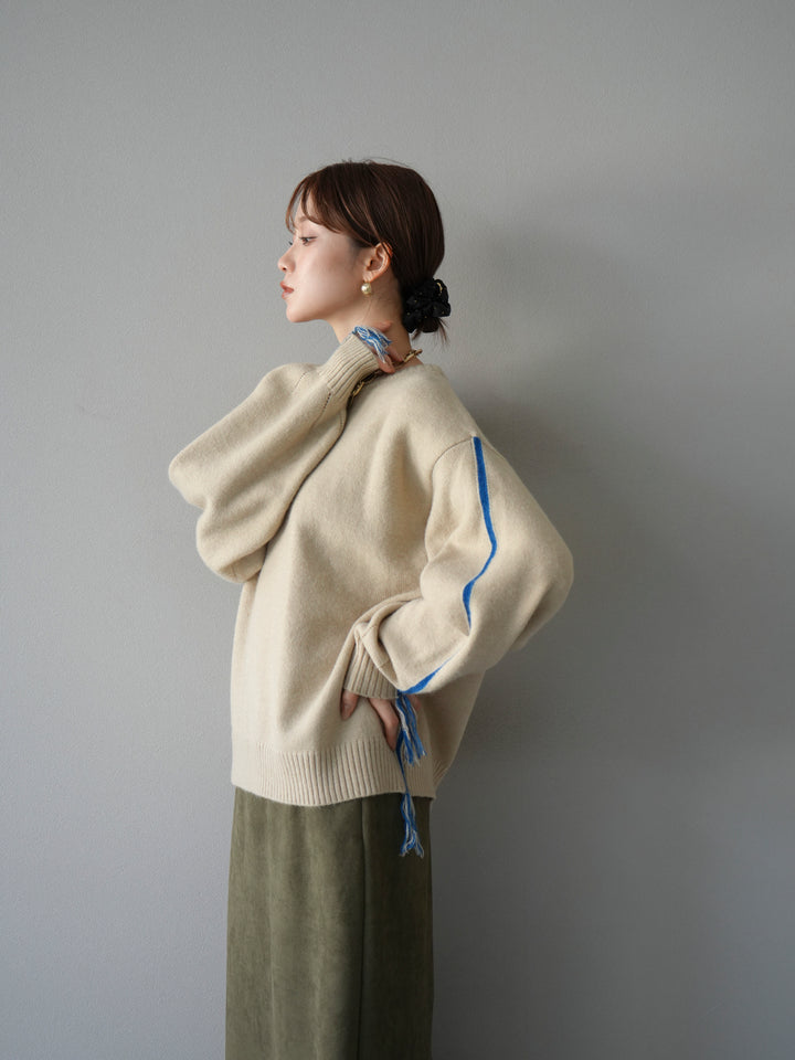 [予約]配色ステッチフリンジニットプルオーバー /アイボリー