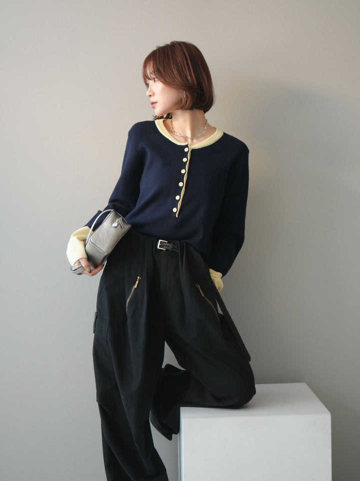 [予約]ヘンリーネック配色ニットソー/navy