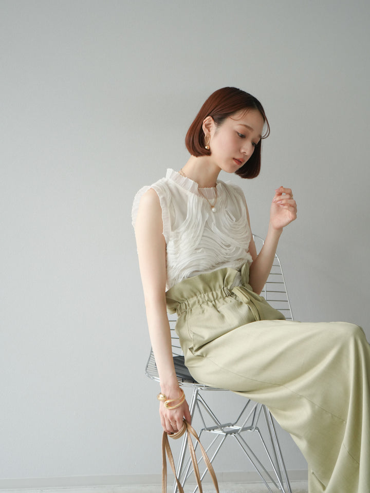 [SET]チュールジャガードノースリブラウス+ヘザーエステルギャザージップスカート(2set)