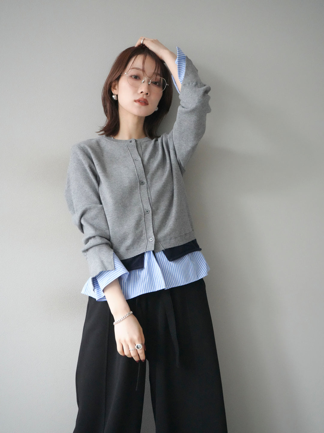 [SET]シャツ襟レイヤードニットカーディガン+ベルト付スウェットワイドパンツ(2set)