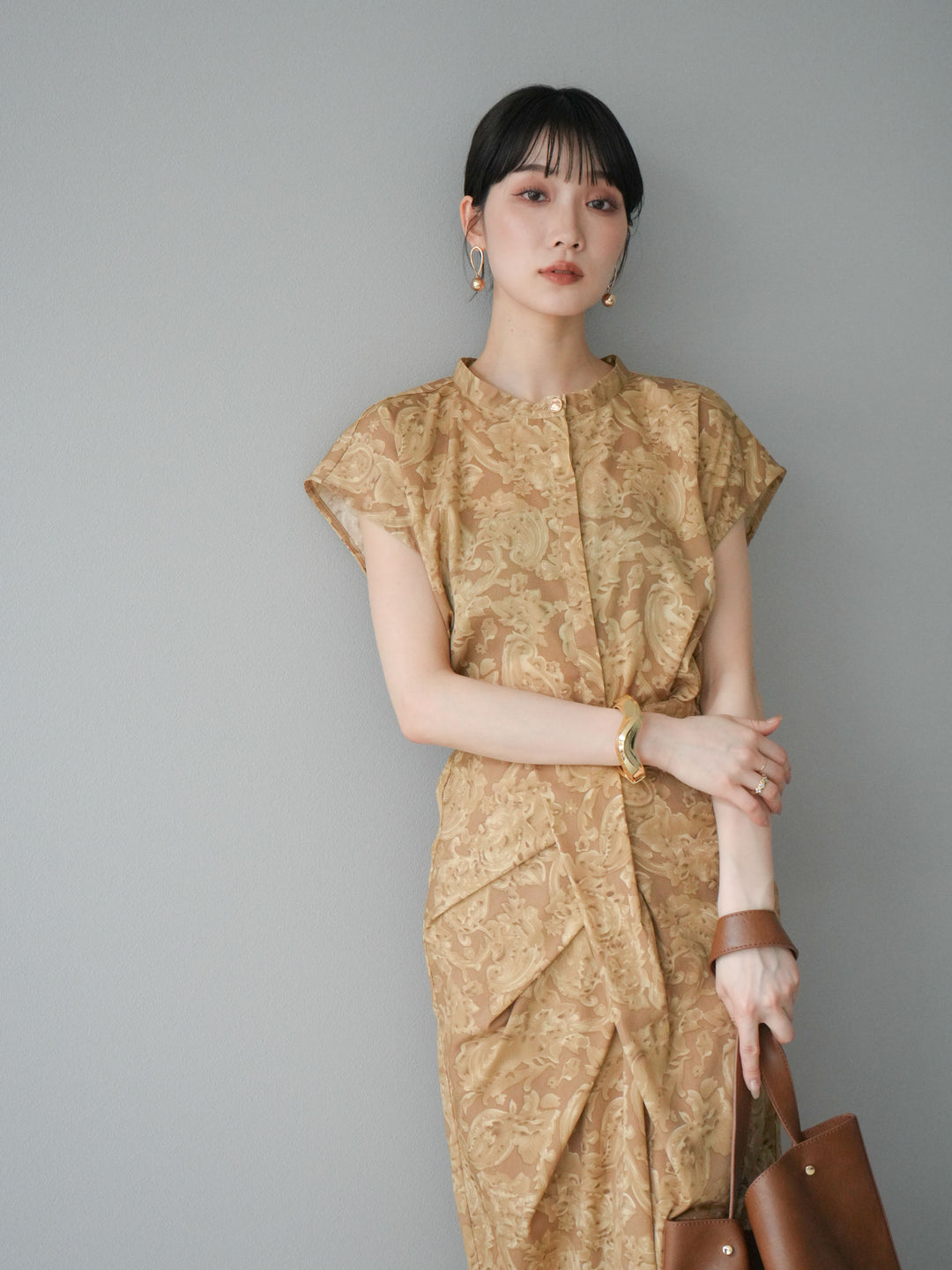 [SET]ペイズリープリントゴールドボタンブラウス+ペイズリープリントタックIラインスカート(2set)