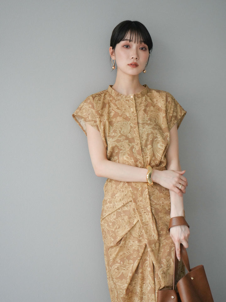 [SET]ペイズリープリントゴールドボタンブラウス+ペイズリープリントタックIラインスカート(2set)