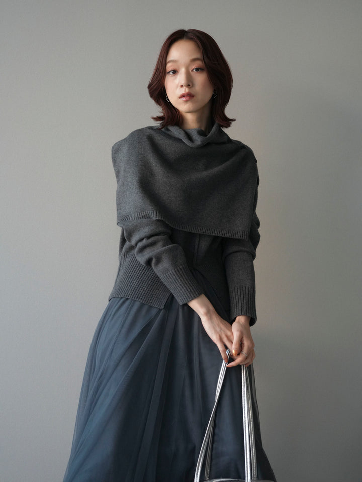 [予約]フロントスリットネックアンサンブルニット/charcoal