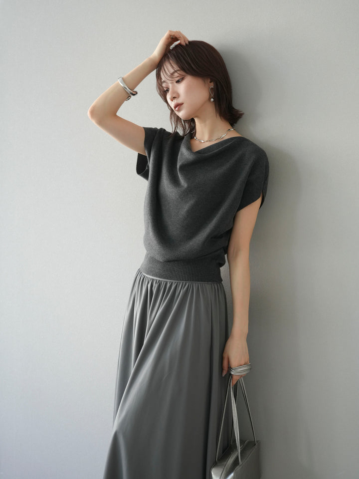 [予約]ドレープドルマンフレンチスリーブニットトップス/グレー