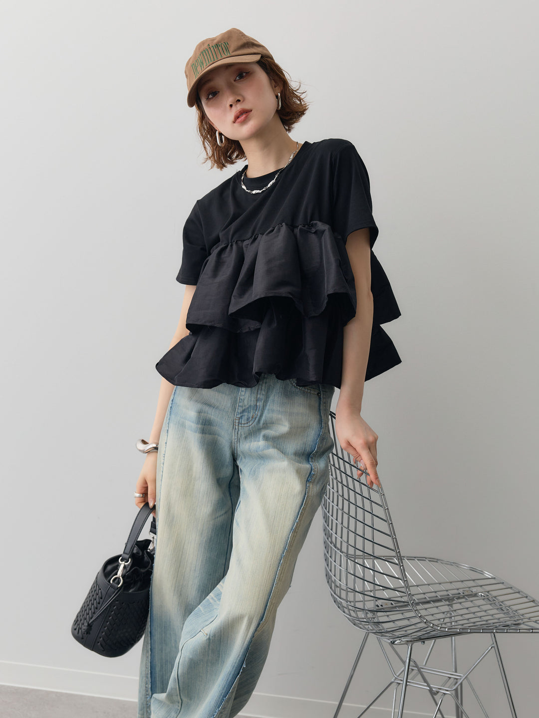 [SET]フリルティアードTEE+縦ウォッシュワイドデニムパンツ(2set)