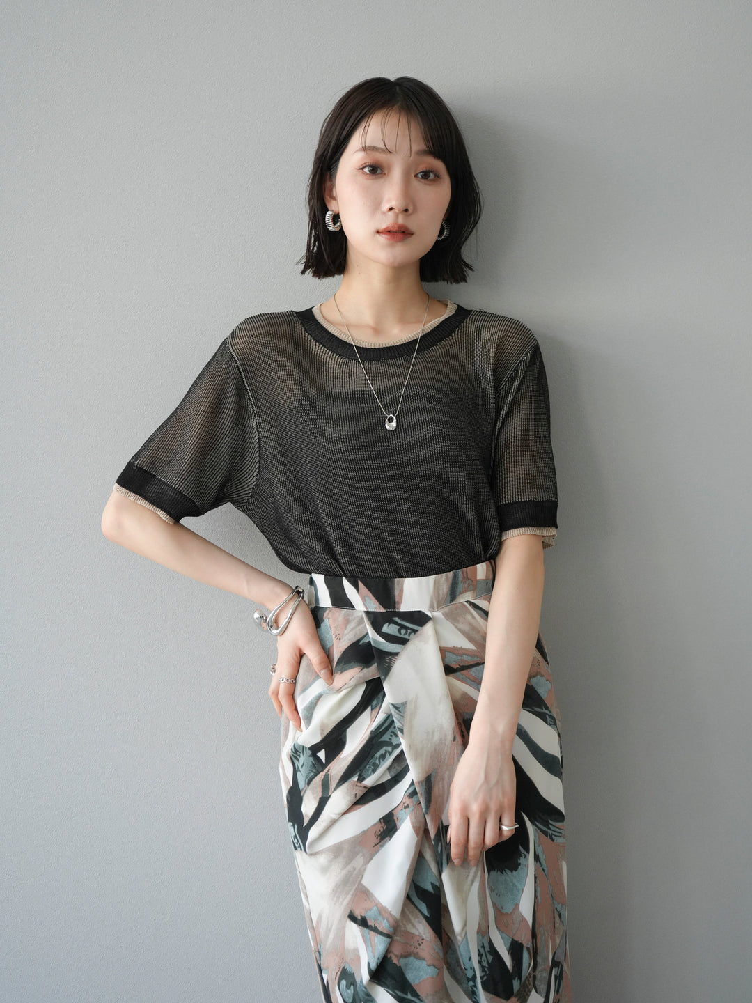 [SET]リネンタッチ配色二重臼ハーフニットトップス+選べるアソート柄スカートセット(2set)