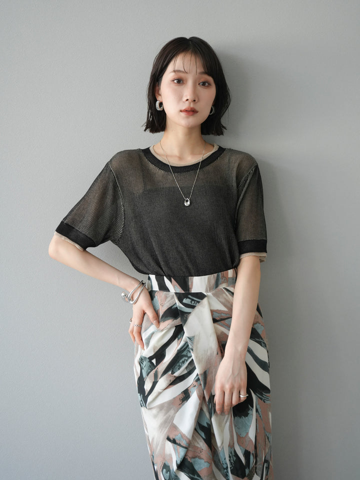 [SET]リネンタッチ配色二重臼ハーフニットトップス+選べるアソート柄スカートセット(2set)