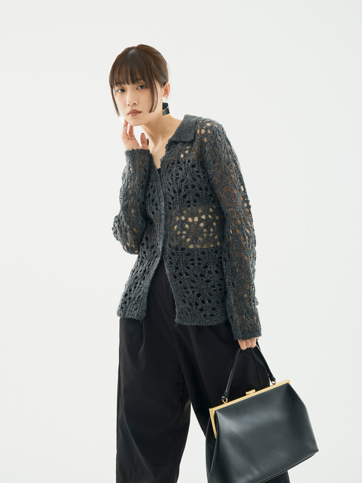 【Allure】[SET]ローゲージ透かし編みポロニッカーディガン+タフタワイドカーブパンツ(2set)