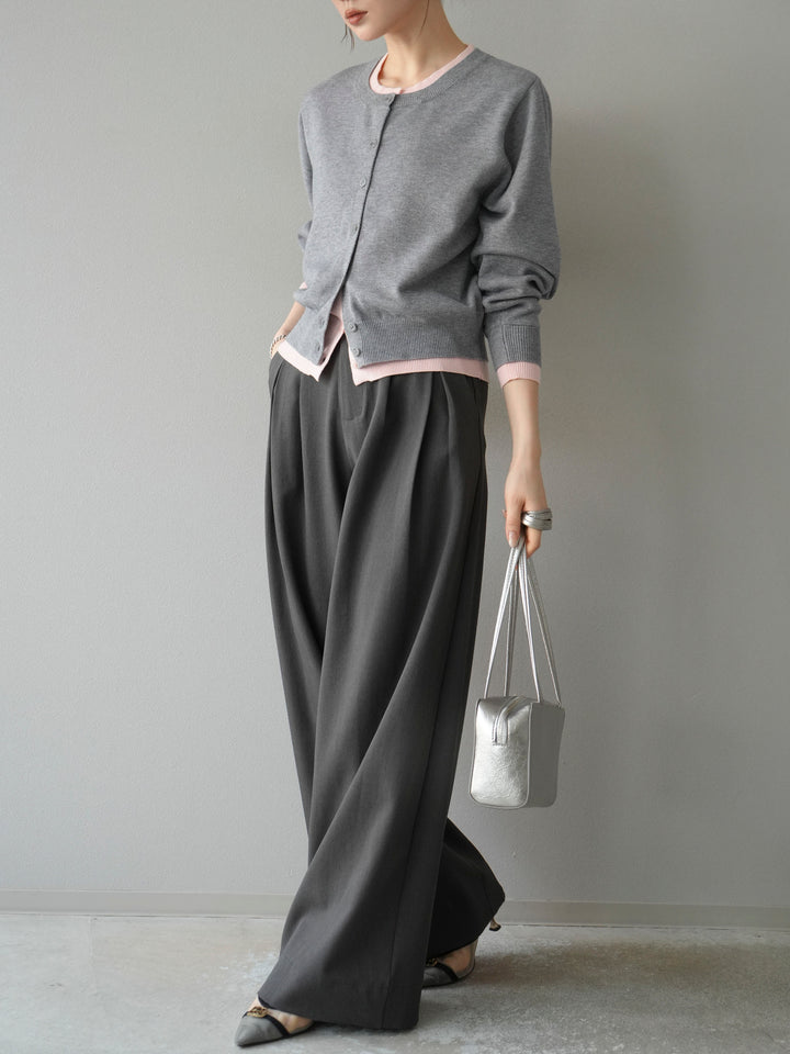 【SET】同色系疊穿開襟衫+雙褶寬褲（2件組）