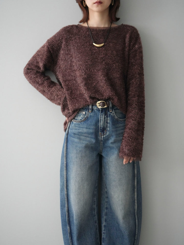 [SET]ラメシャギートップス+サイド切替カーブデニムパンツ(2set)