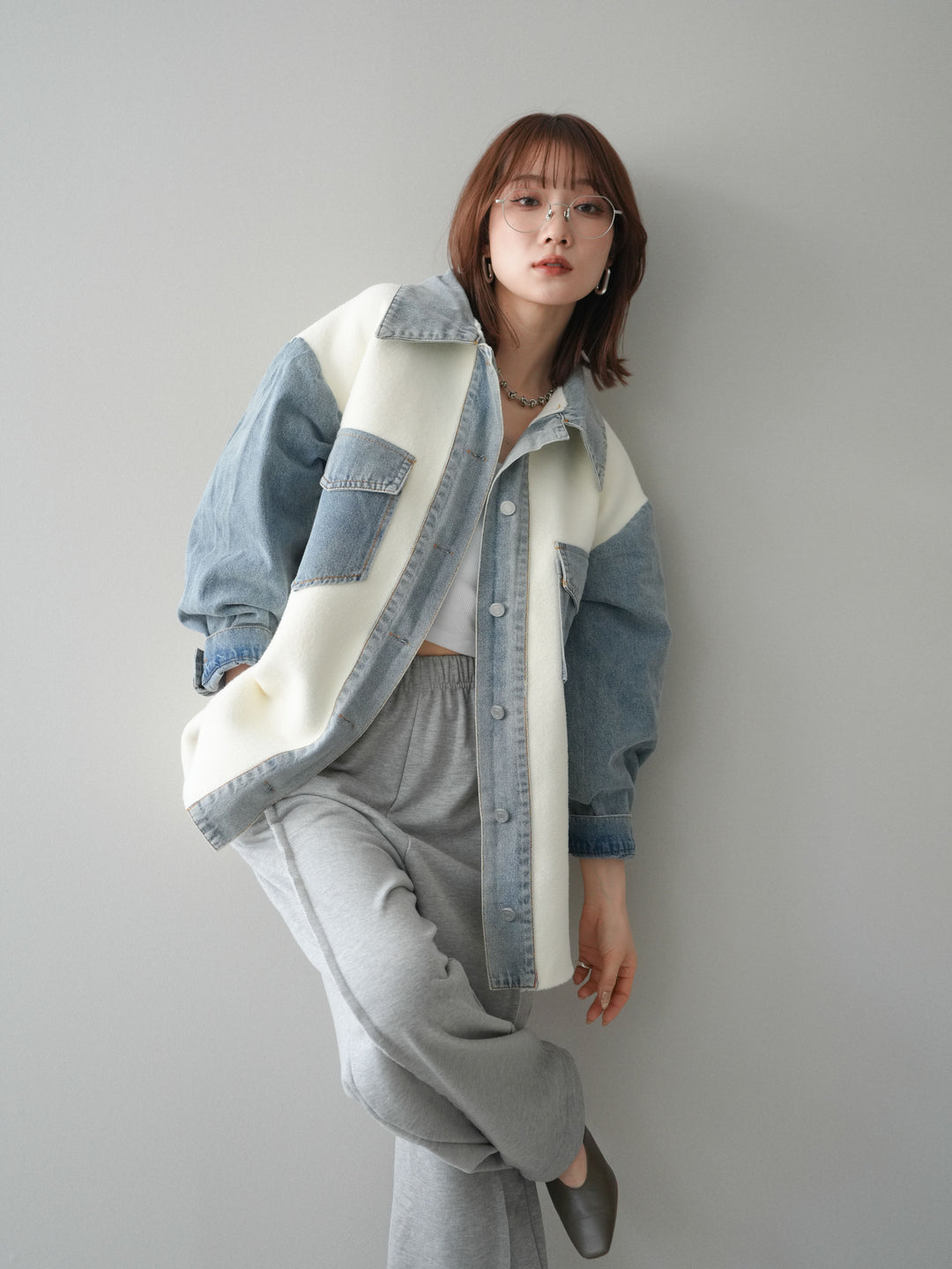 [SET]デニム襟ダブルフェイスニットカーディガン+2WAYデザインスウェットパンツ(2set)