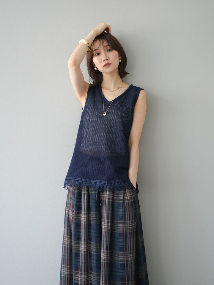 [予約]裾フリンジVネックニットタンクトップアンサンブル/ネイビー