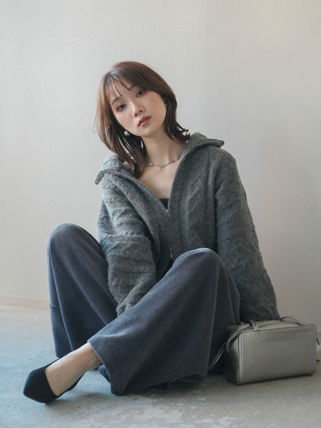 [SET]ケーブル編みハイネックZIPニットカーディガン+選べるアクセセット(2set)