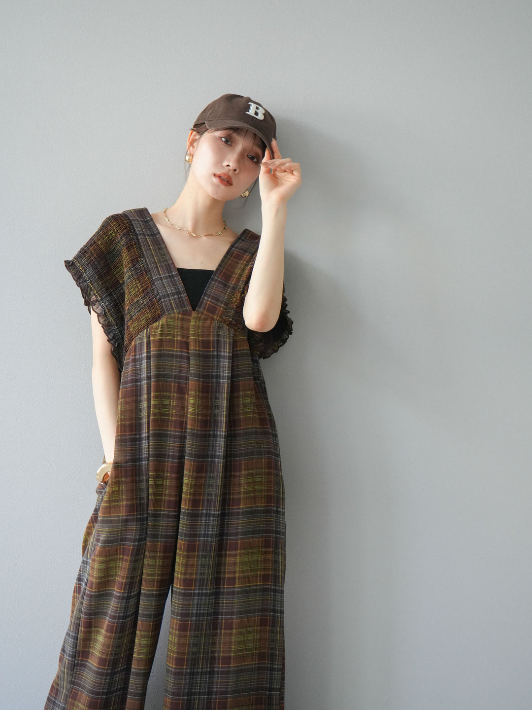 [套裝] 透視格紋褶皺背帶褲 + 配件套裝（2 套）