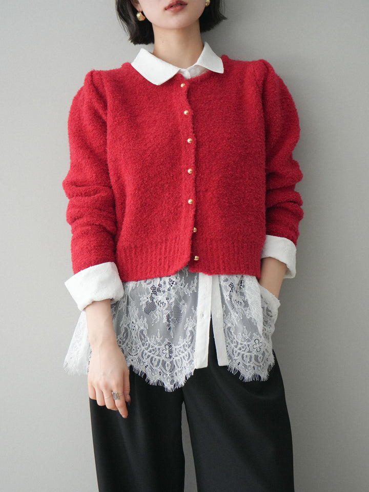 [SET]ゴールドボタンブークレニットカーディガン+総レースボリュームスリーブシャツ(2set)