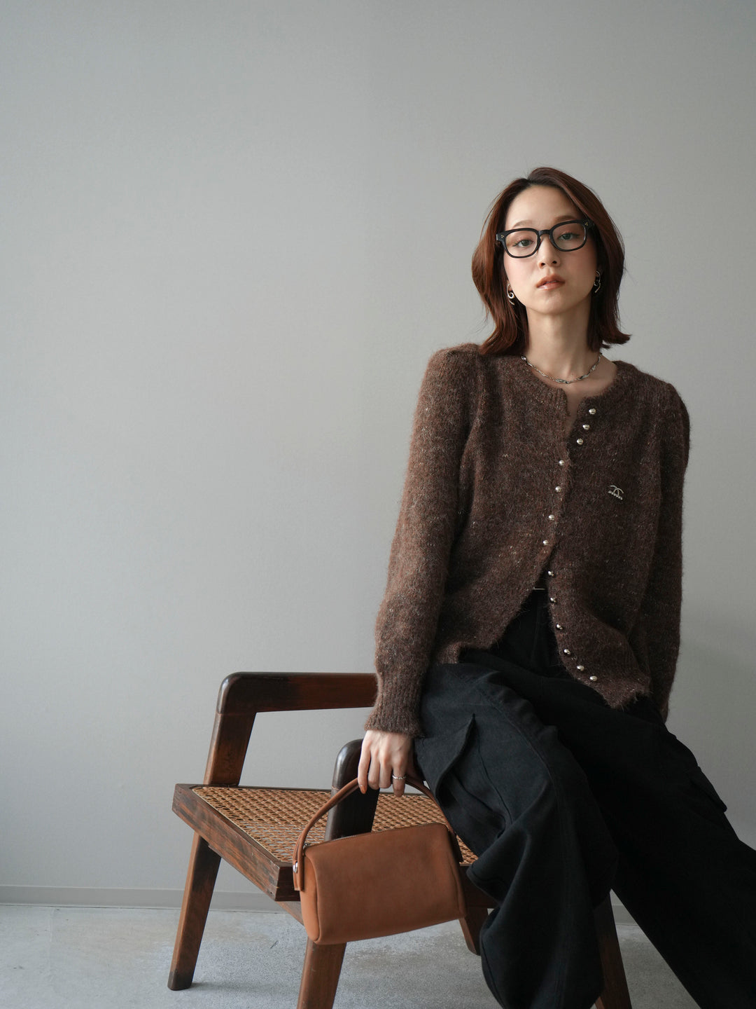 [予約]ブローチ付silverボタンミックスニットカーディガン/brown