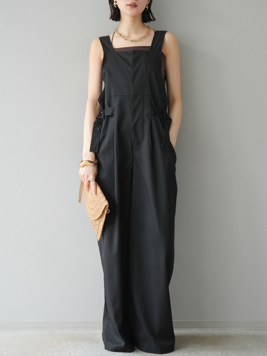 【預購】皮帶設計工裝褲/黑色