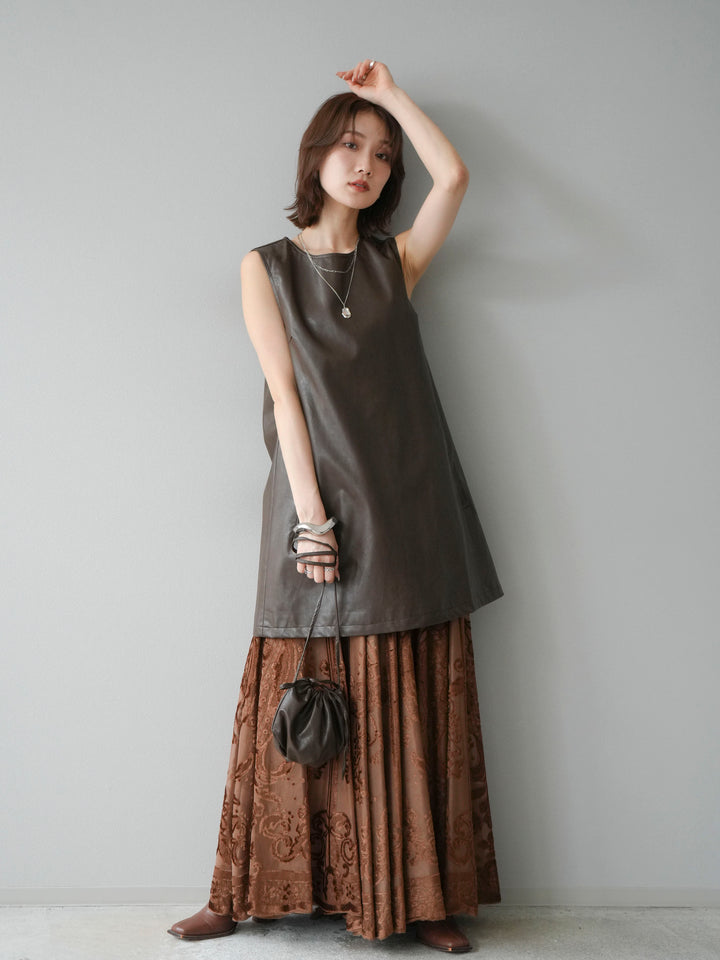[予約]アンティーク柄フロッキーマキシスカート/ブラウン