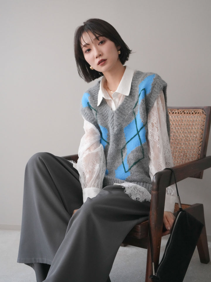 [SET]アーガイルVネックニットベスト+選べるアクセセット(2set)