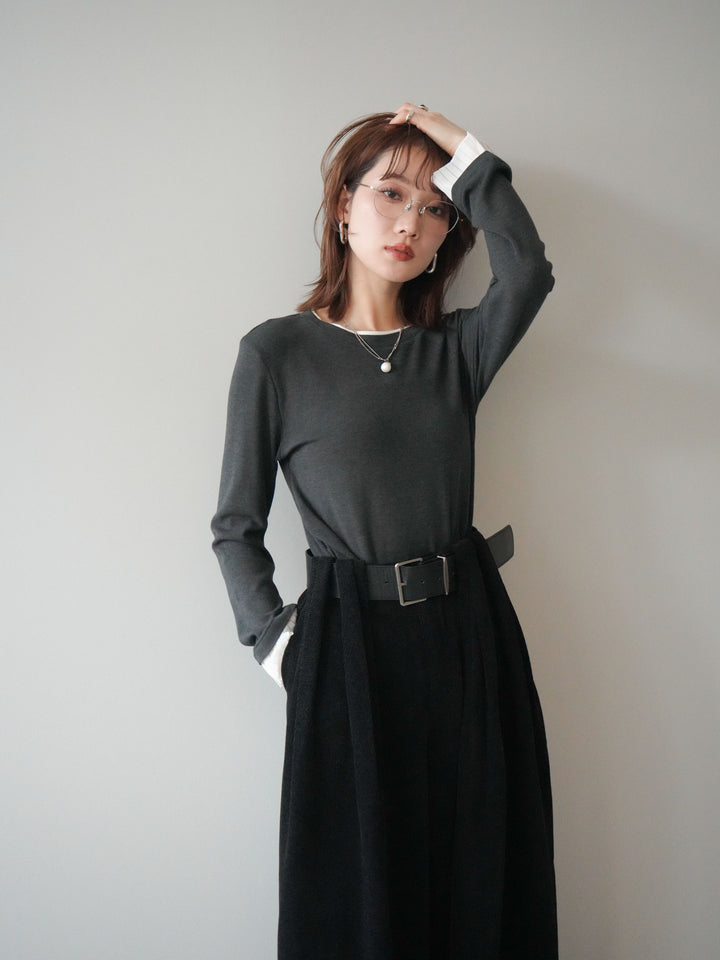 [SET]袖プリーツ配色レイヤードトップス+ベルトデザインループコールテンワイドパンツ(ベルト付き)(2set)