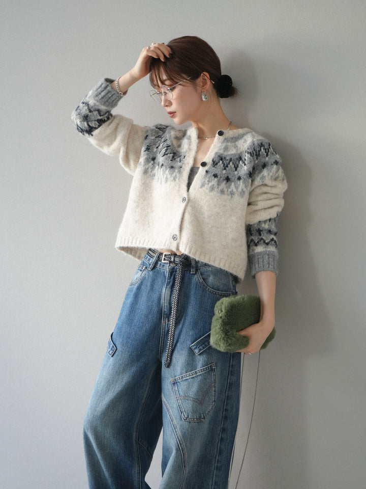 【着回しセット】[SET]求心柄クロップドニットカーディガン+ミックスヤーンペイズリー柄ニットカーディガン+ペインターカーブデニムパンツ(3set)