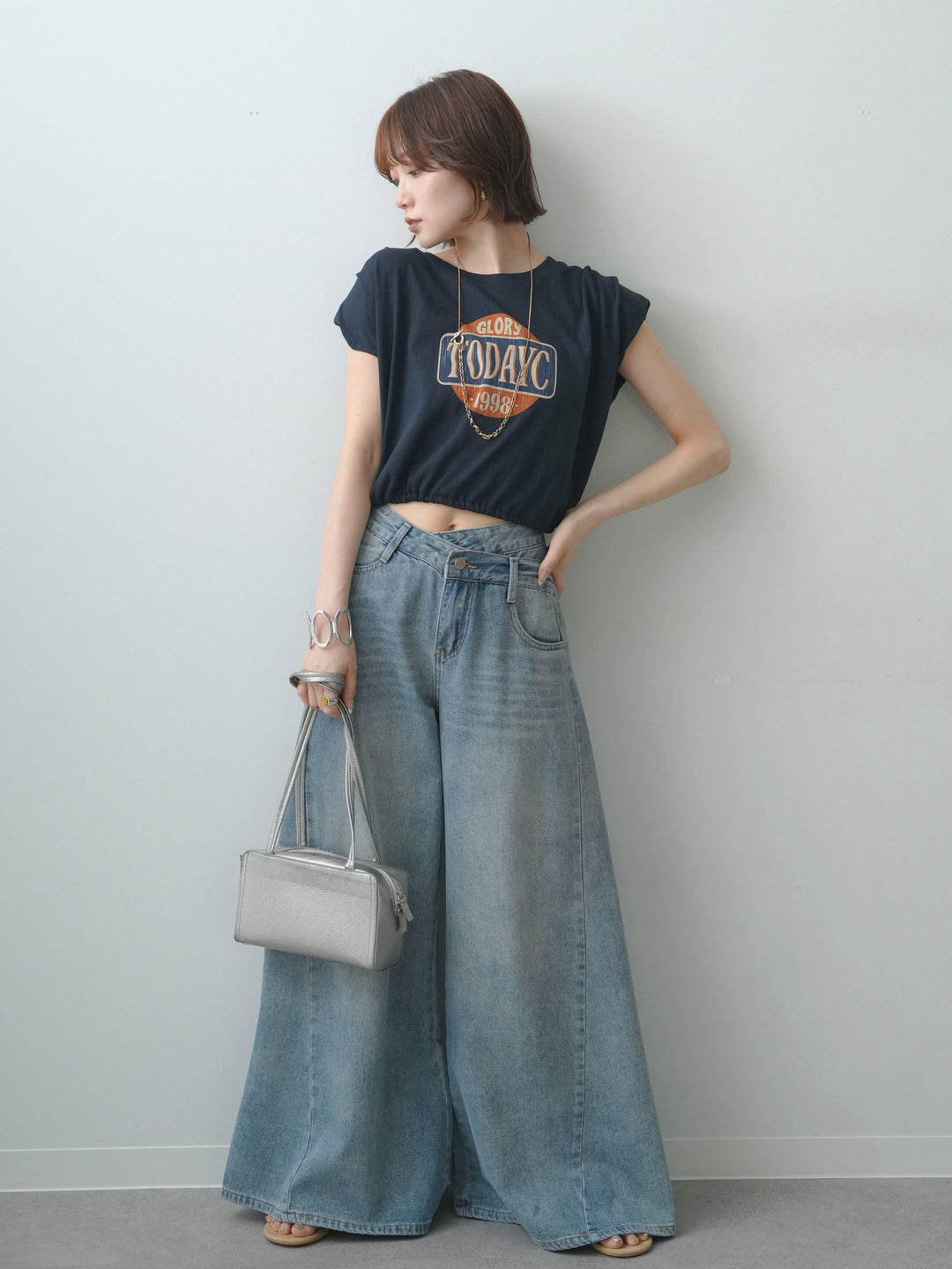 [SET]ヴィンテージロゴドロストTEE+アシンメトリーウエストワイドデニム(2set)